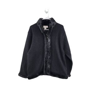 Lisa International Women's Boiled Wool Faux Fur Full Zip Jacket Black - L